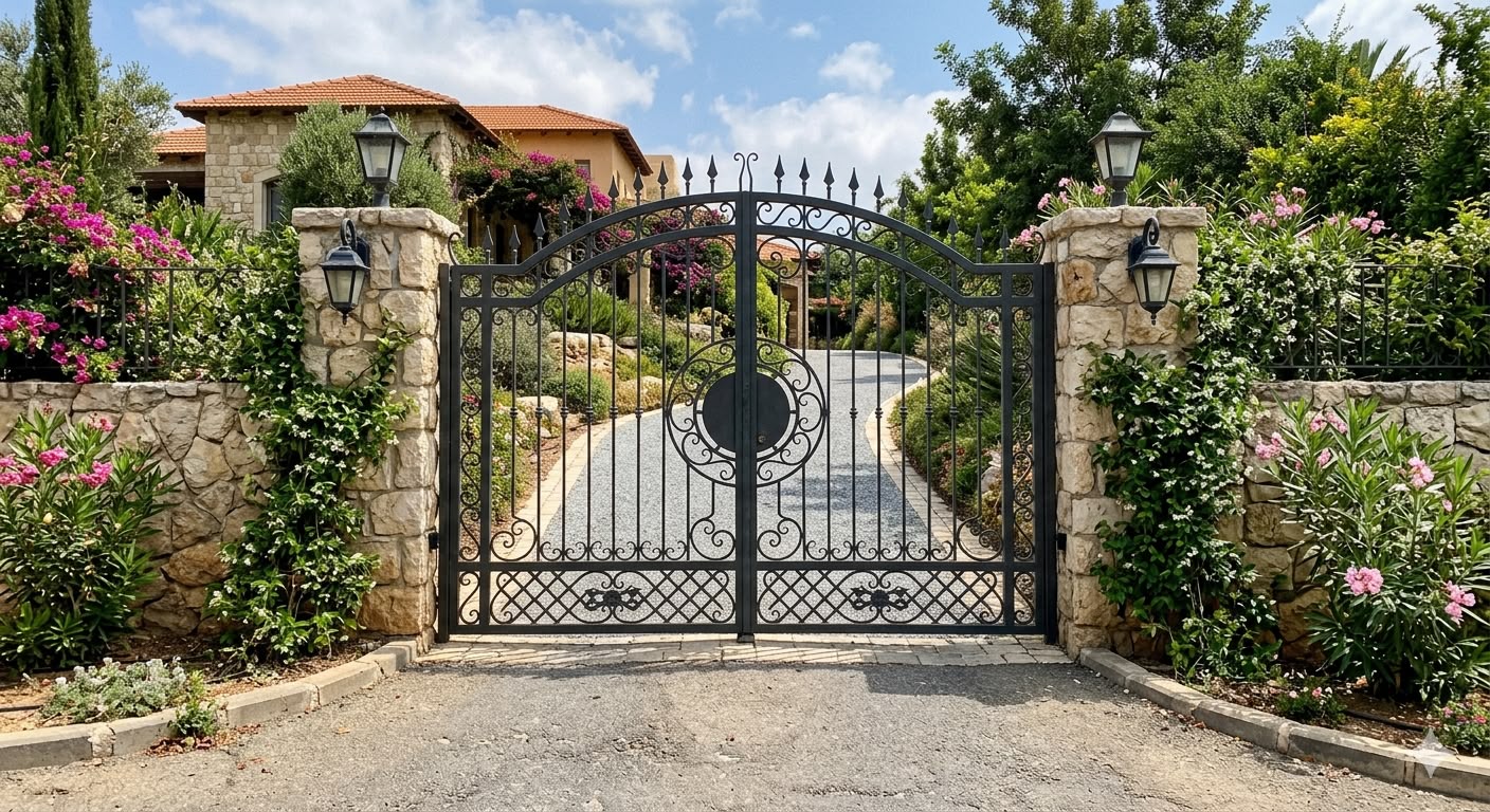 Heavy black ornamental wrought-iron arched driveway gate between carved stone pillars at a hillside estate