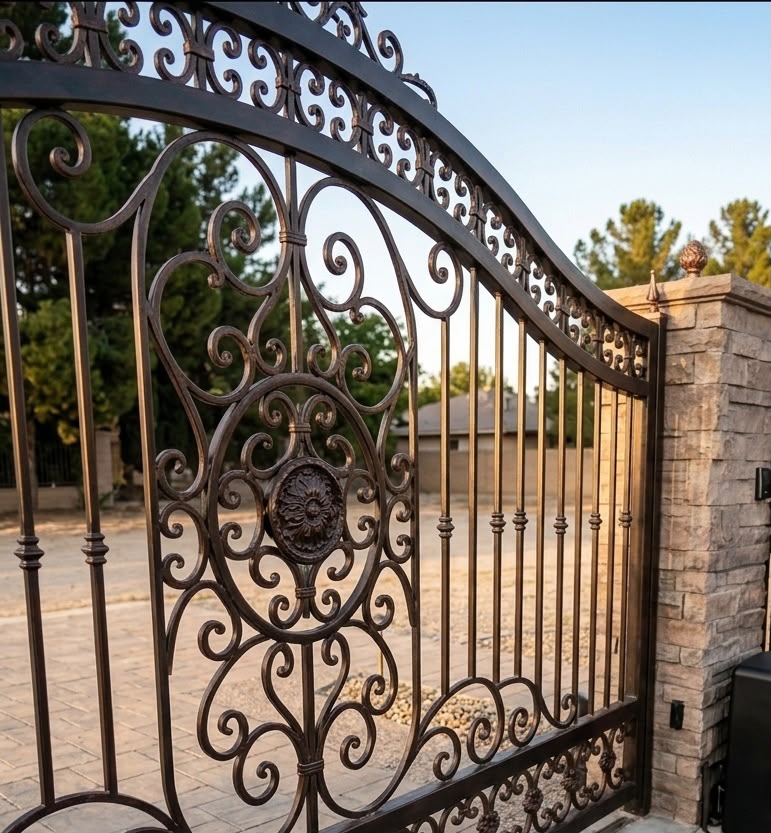 Ornamental bronze wrought-iron driveway gate with scrollwork and a central medallion